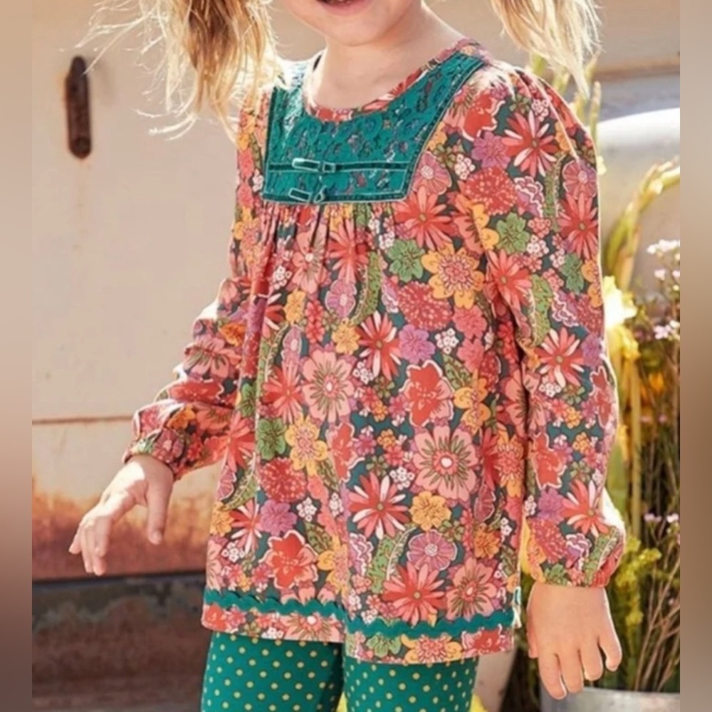 Matilda Jane Fresh Baked Pies Floral Tunic Top Green Trim Long Sleeve Size 4